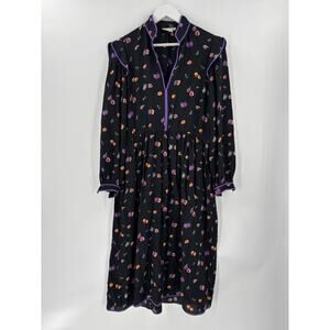 Marion Maged Vintage Dress Womens 8 Black Purple Fruit Print V Neck Ruffles
